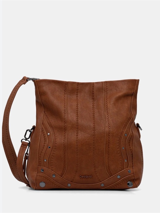 Desigual Handbags - Desigual Brown Faux Leather-Effect Shoulder Bag with Stud Accents